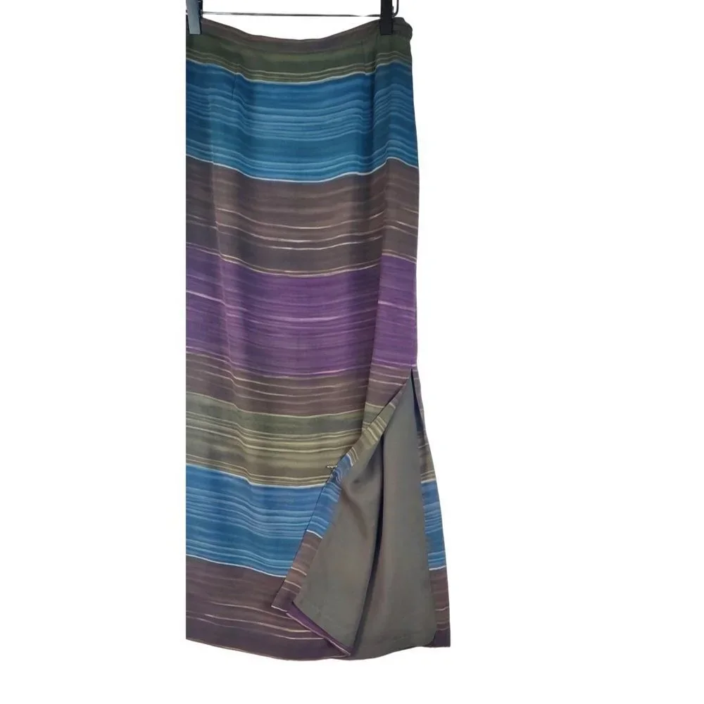 Skirt Maxi Slender Lined Multi Color Blended Stripes Rows Across Slit One side